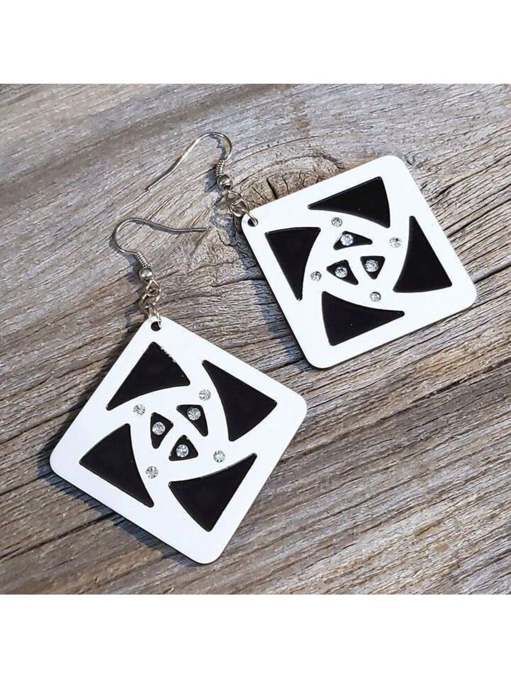 Vintage Y2K White Black Lucite Austrian Crystal Large Diamond Rhombus Earrings